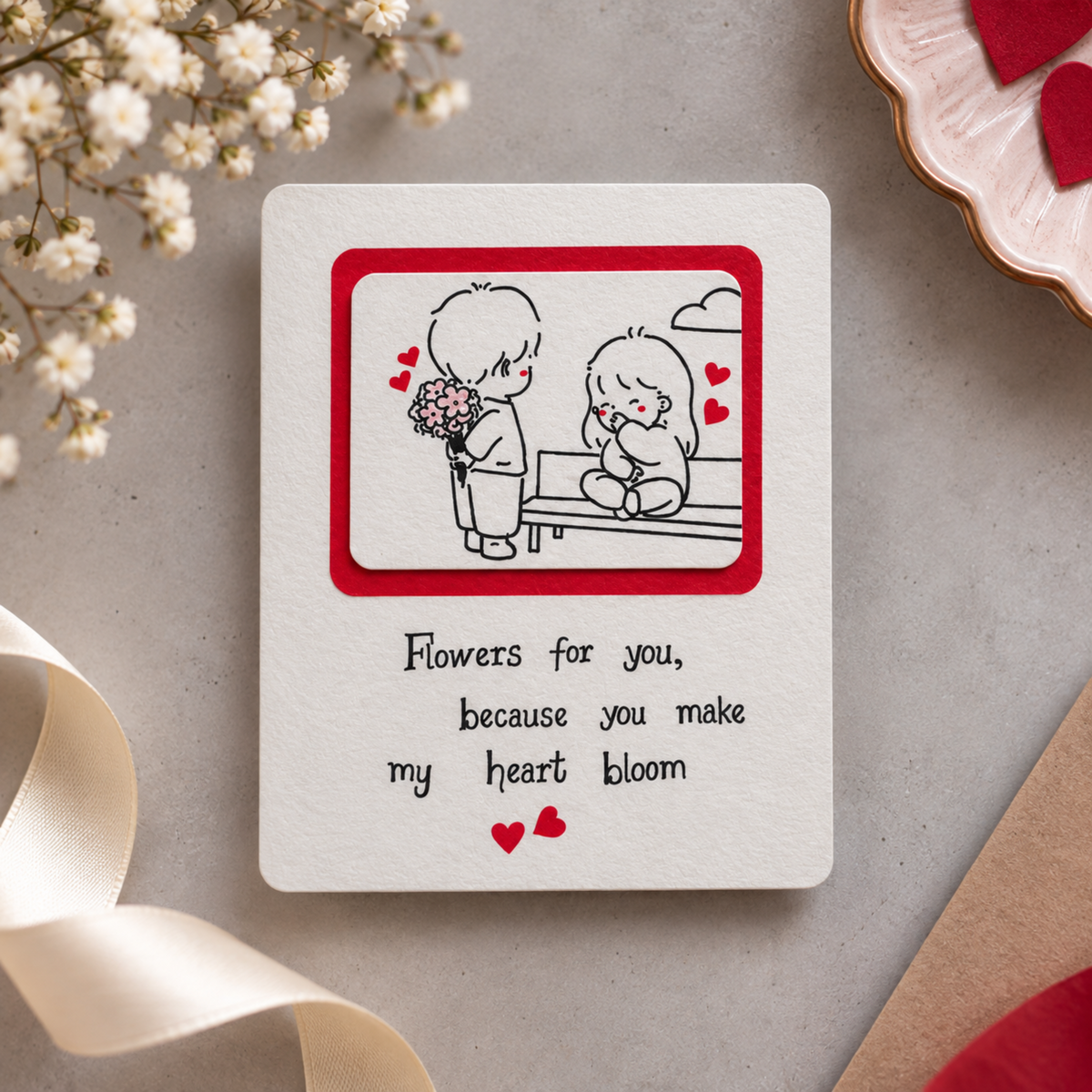 A square white greeting card with a cute cartoon illustration of a boy holding flowers and a girl sitting on a bench, surrounded by red hearts. Below the illustration, the card reads, 'Flowers for you, because you make my heart bloom' with two small red hearts.