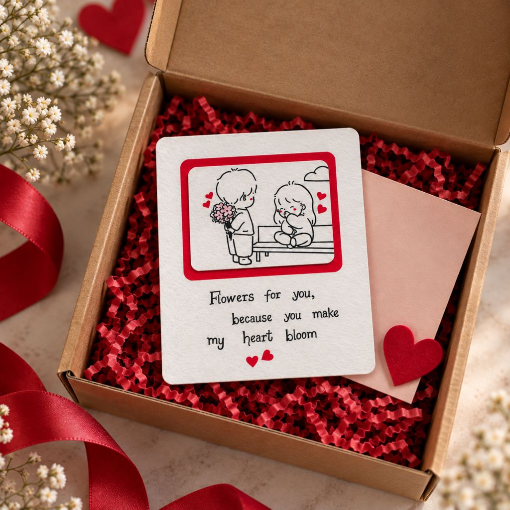 A square white greeting card with a red border and a simple line drawing of two people sitting together, placed inside an open brown gift box filled with red tissue paper. The card reads, 'Flowers for you, because you make my heart bloom' with small red hearts.