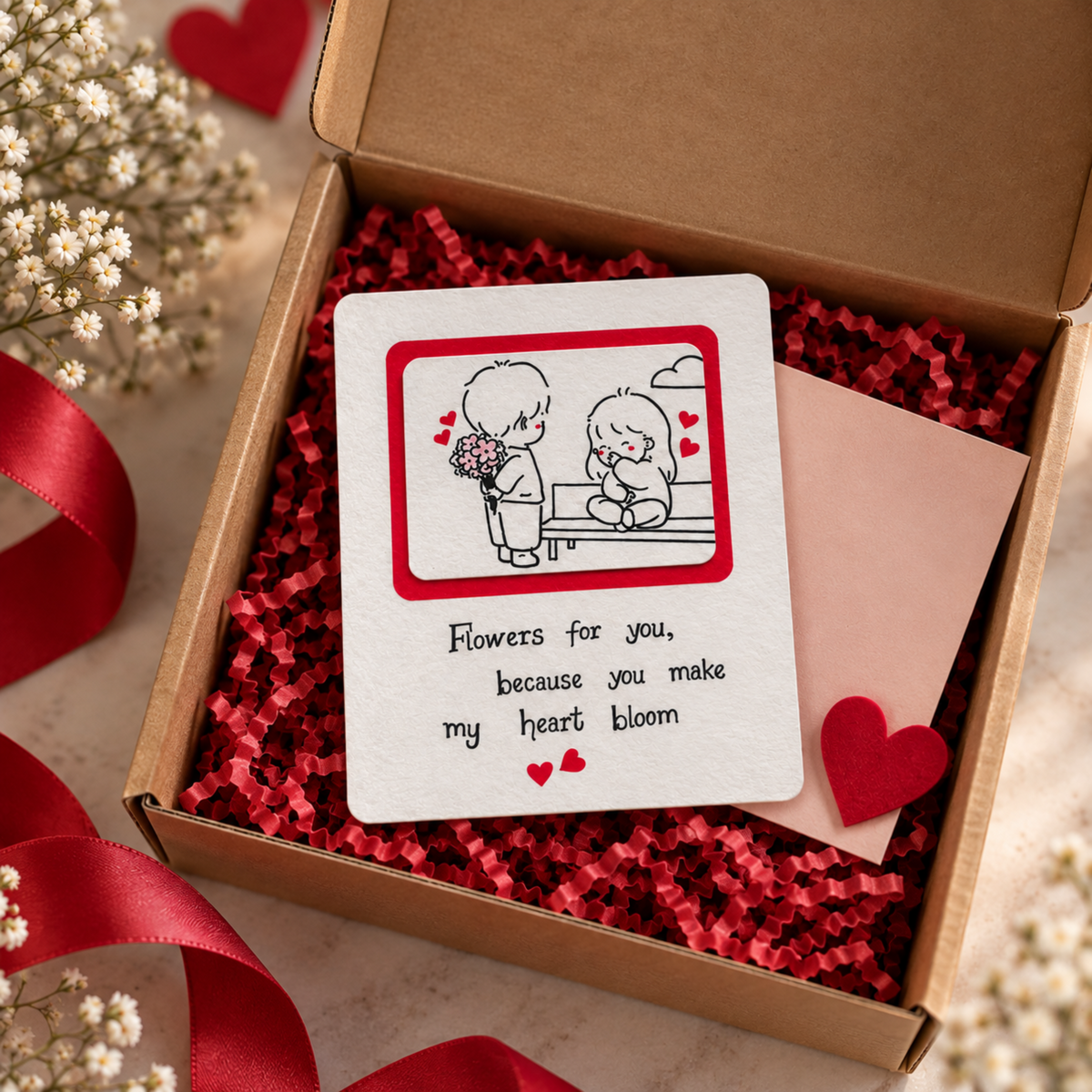 A square white greeting card with a red border and a simple line drawing of two people sitting together, placed inside an open brown gift box filled with red tissue paper. The card reads, 'Flowers for you, because you make my heart bloom' with small red hearts.