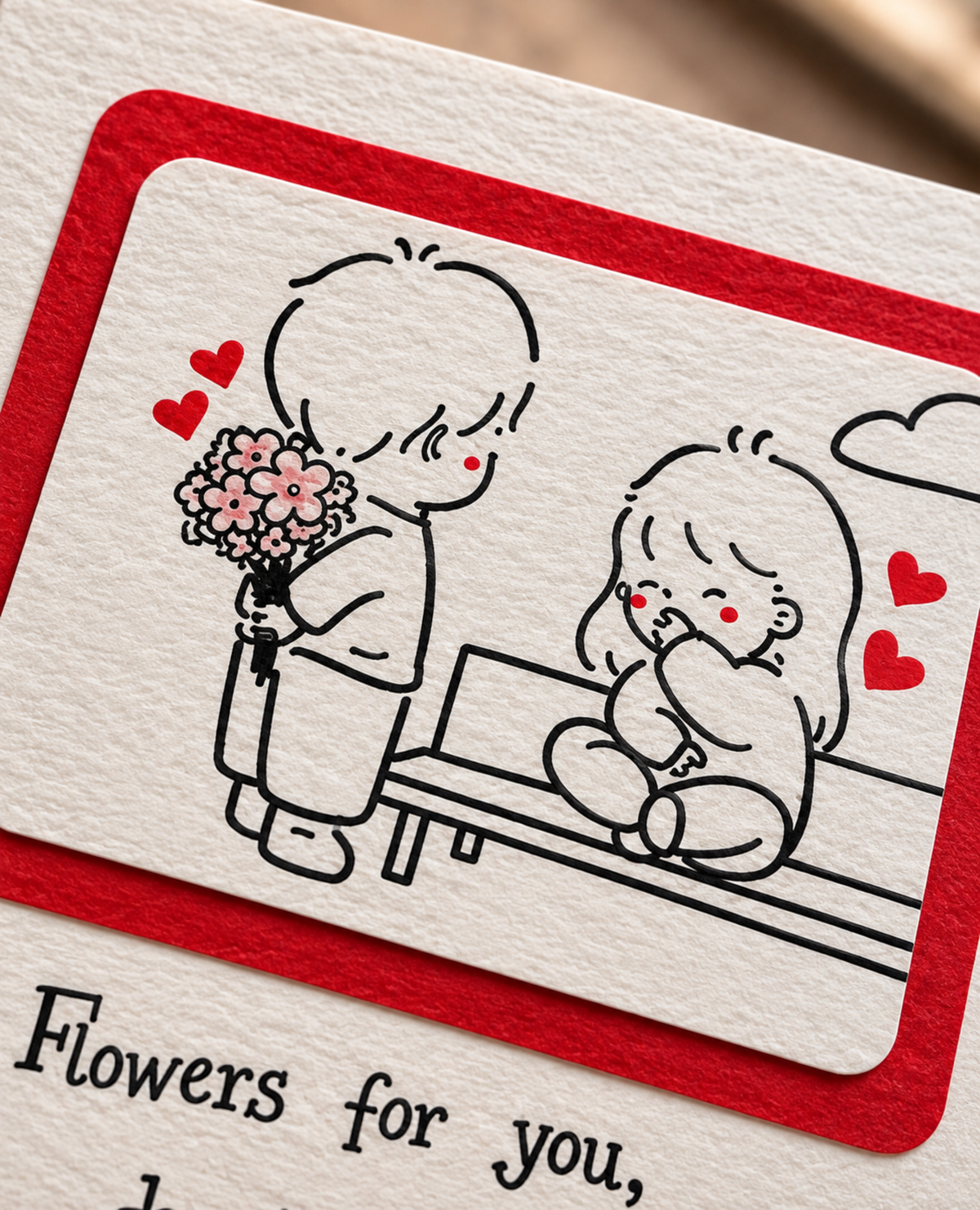 A close-up of a textured white card featuring a cute black line-art illustration of a boy holding pink flowers next to a girl sitting on a bench, framed by a bold red border. Partial text at the bottom reads 'Flowers for you,'.