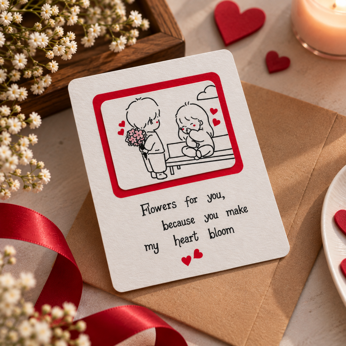 A square white greeting card with a red border and a simple line drawing of a couple, placed on a brown envelope with red ribbon, small white flowers, heart decorations, and a lit candle around it. The card reads, 'Flowers for you, because you make my heart bloom.