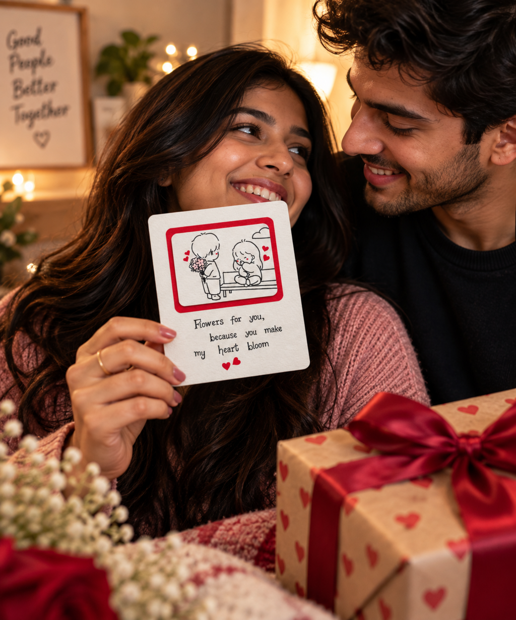 A smiling woman holds a small square card with a simple line drawing of flowers and a heart, with the text 'Flowers for you, because you make my heart bloom.' A man leans in closely beside her.