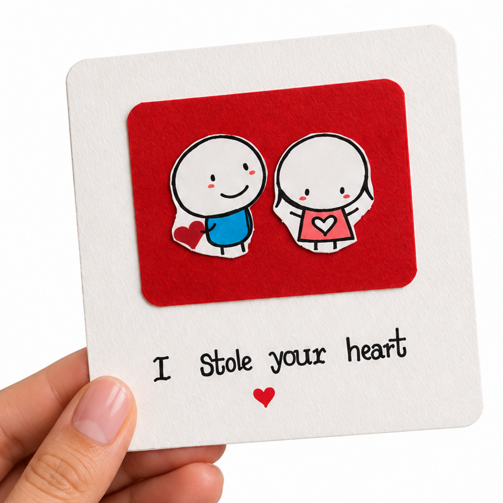 A hand holding a square white greeting card with a red central panel showing two cartoon figures and the text 'I stole your heart' on a white background.