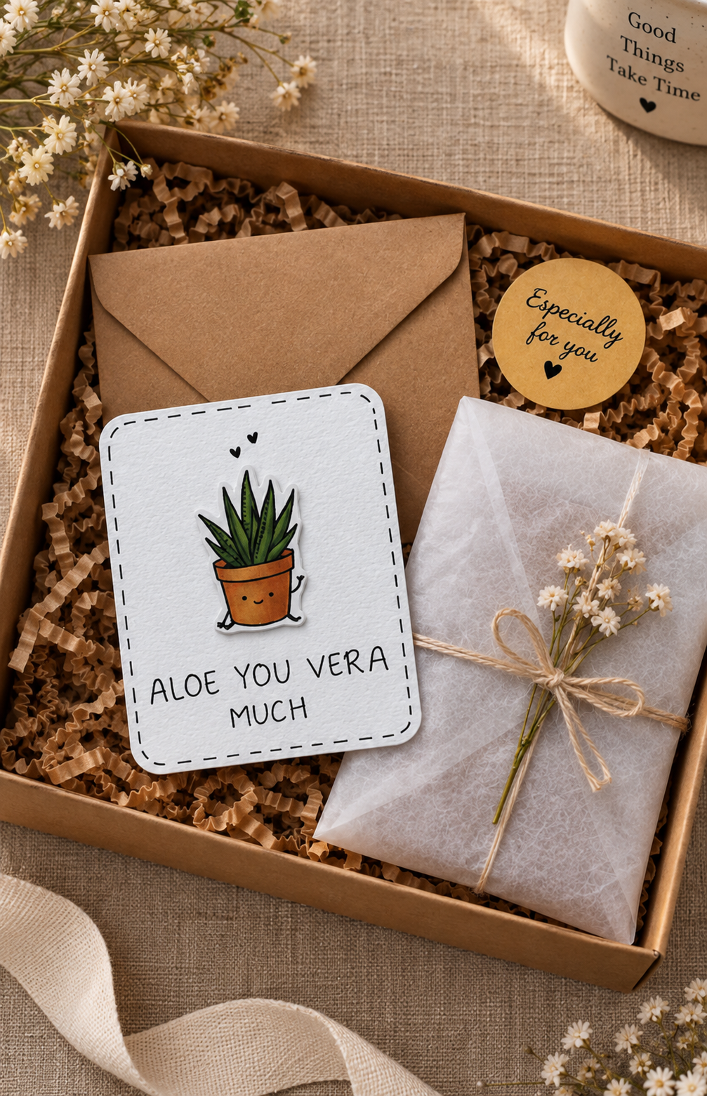 A gift box containing a white greeting card with a potted aloe plant and the text 'ALOE YOU VERA MUCH,' a brown kraft envelope, a wrapped gift in tissue paper tied with twine, a round 'Especially for you' sticker, and dried white flowers on a burlap surface.
