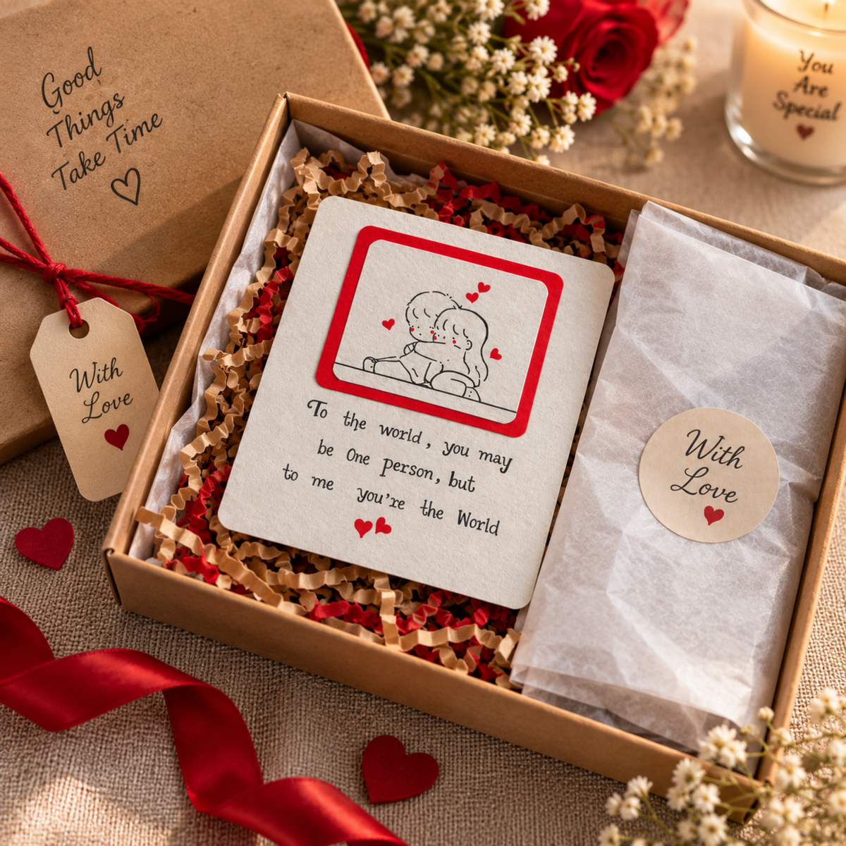 Unboxing photo of a handmade romantic greeting card presented in a premium gift box with shredded paper filler, tissue wrapping, “With Love” tag, red ribbon, and romantic decorative accents.