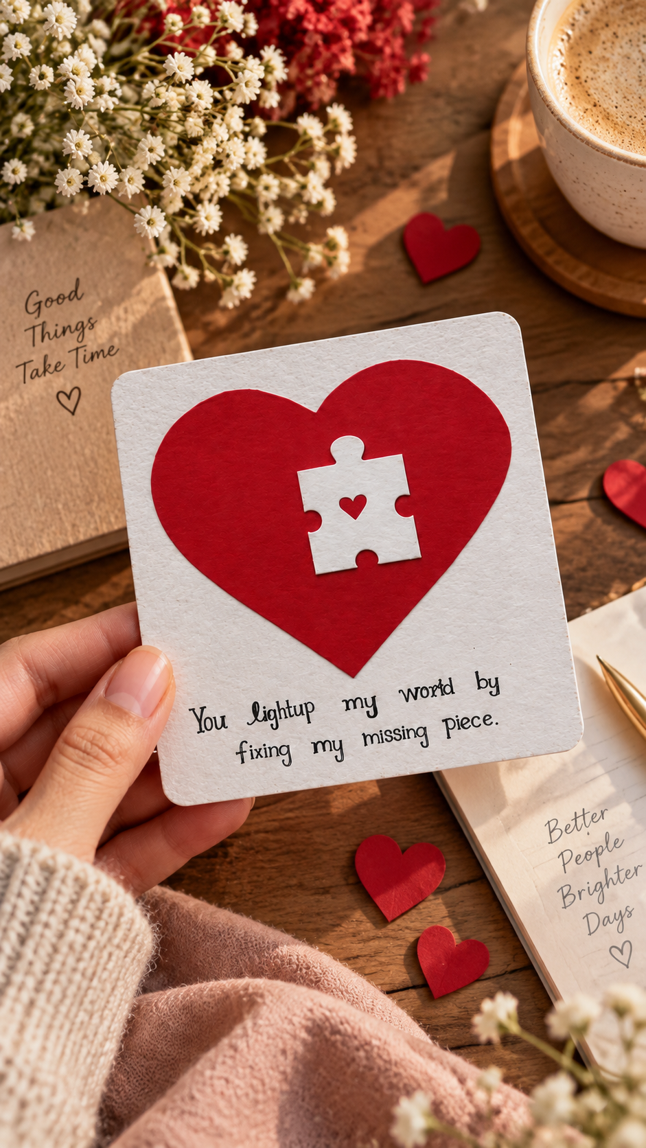 A hand holds a square white card with a large red heart and a white puzzle piece graphic in the center, with the text 'You Lightup my world by fixing my missing piece.' The scene is styled on a wooden table with flowers, a cup of coffee, and other cards.