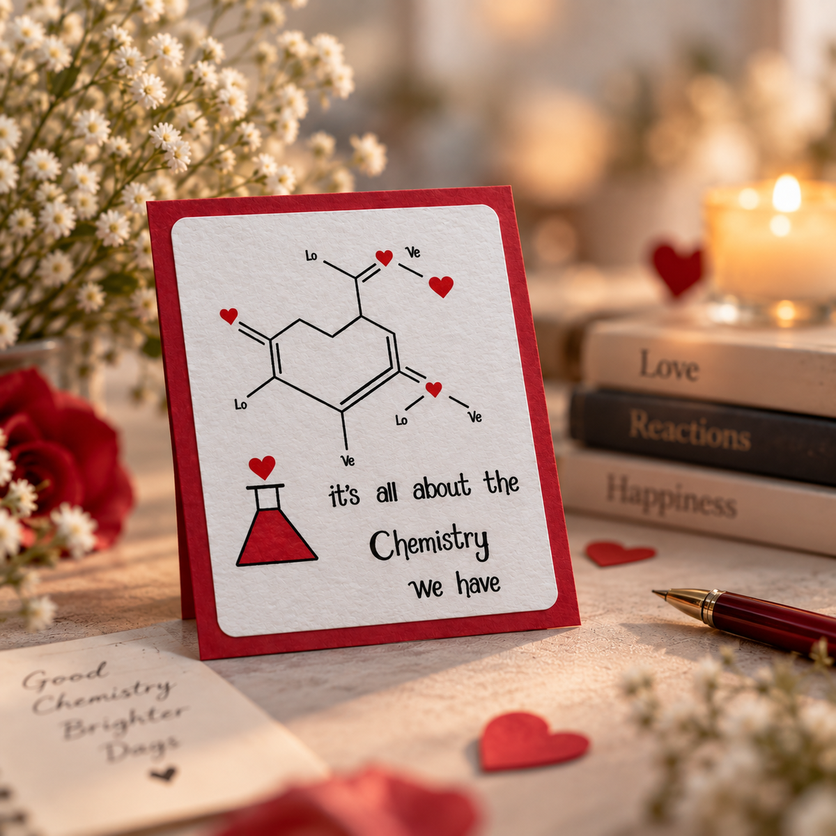 A square greeting card with a red border and a white center, featuring a black chemical structure, small red hearts, and the phrase 'it's all about the Chemistry we have.' The card is displayed upright on a table with flowers, books, a candle, and a pen in a softly lit setting.