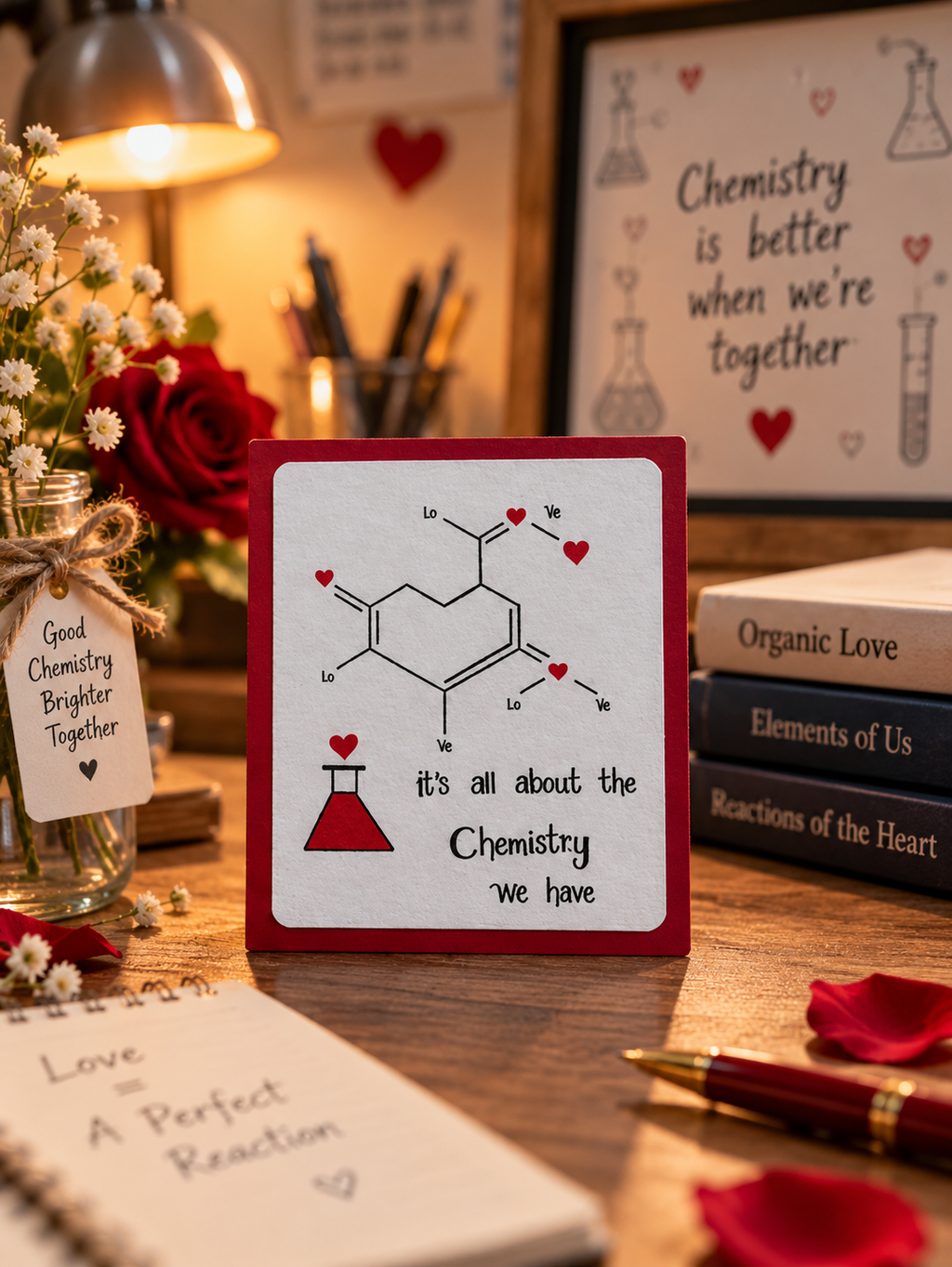 A square white card with a red border featuring a chemistry formula and the text 'it's all about the Chemistry we have', displayed on a wooden desk with books, a lamp, and flowers in the background.