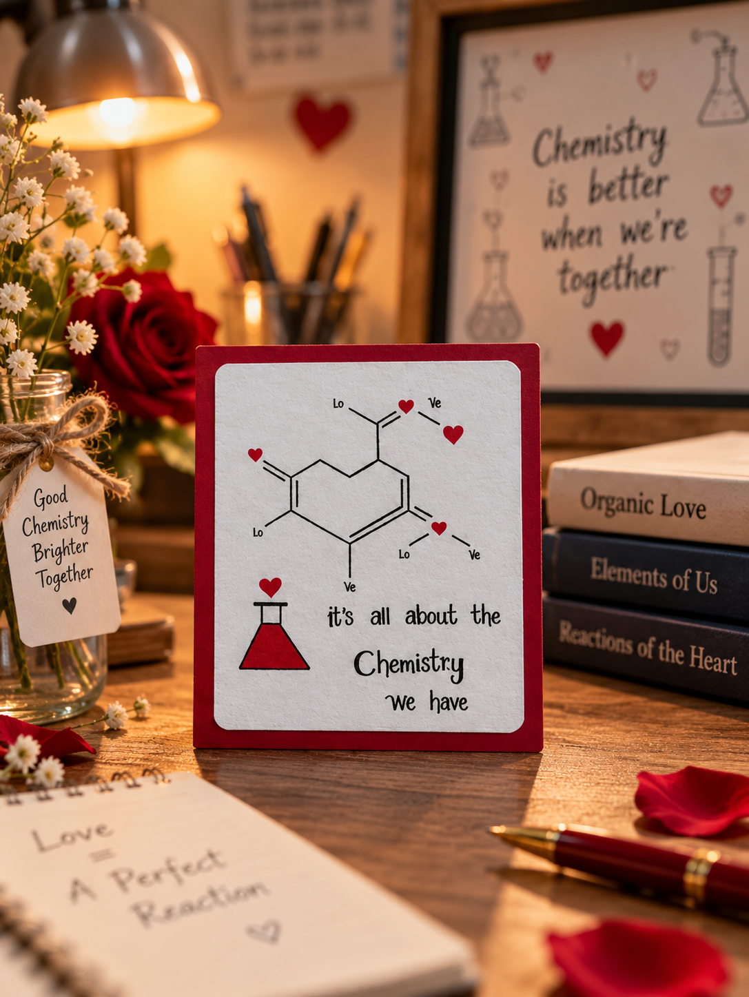 A square white card with a red border featuring a chemistry formula and the text 'it's all about the Chemistry we have', displayed on a wooden desk with books, a lamp, and flowers in the background.