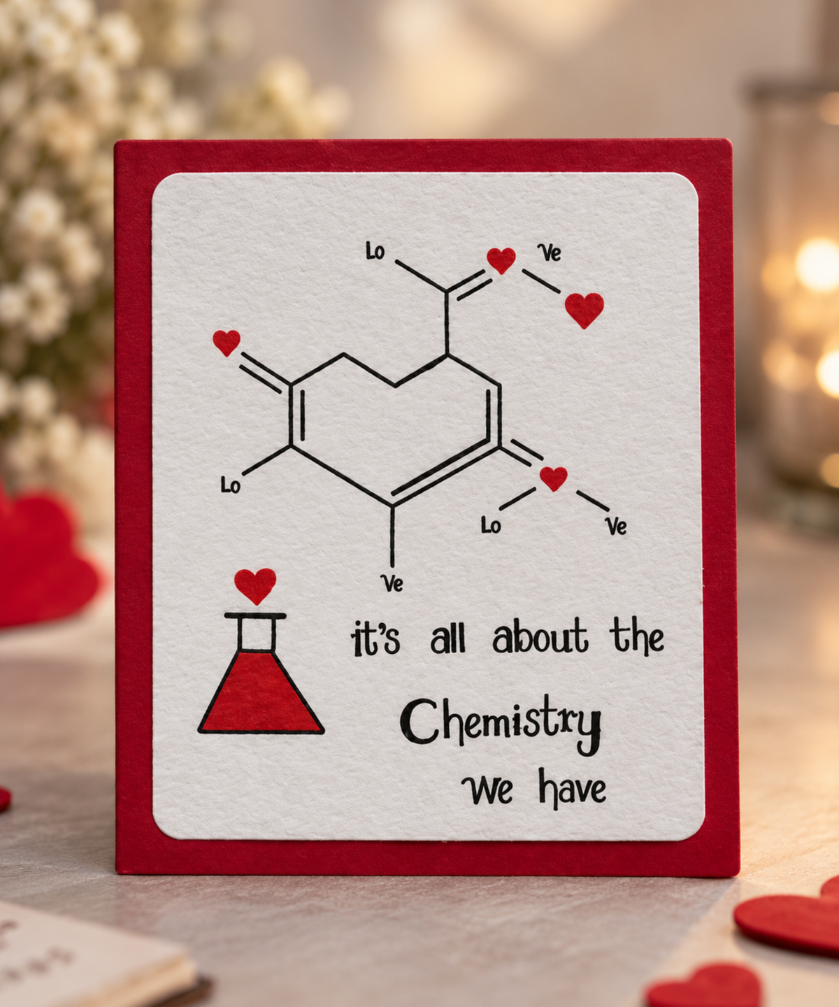 A square greeting card with a red border and a white center, featuring a chemistry-themed design with a chemical structure, red hearts, a flask, and the text 'it's all about the Chemistry we have'. The card is displayed on a tabletop with a blurred warm background.