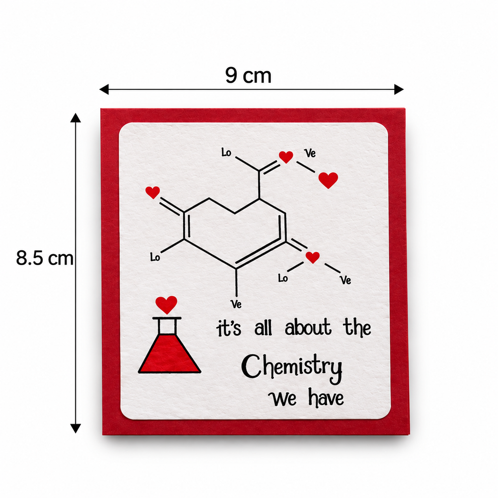 A square decorative card or sign with a red border and a white center, shown on a light gray background with dimension arrows indicating 9 cm by 8.5 cm.