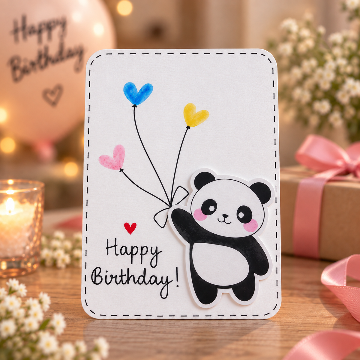 A handmade birthday card featuring a cute cartoon panda holding blue, yellow, and pink heart-shaped balloons, with 'Happy Birthday!' written on it. The card is displayed on a wooden table with a blurred background of a lit candle, gift box, and flowers.
