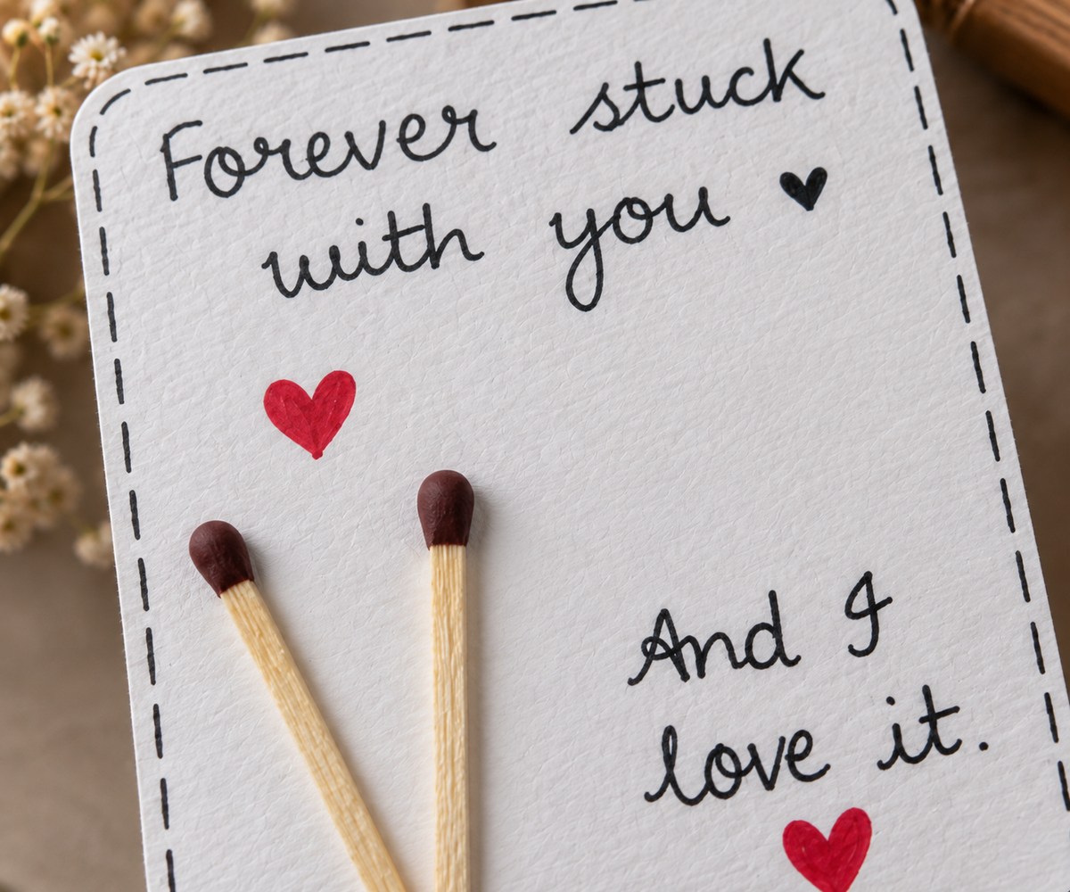Close-up of a handmade romantic greeting card featuring a “Forever Stuck With You” message, red heart details, textured cardstock, and V-shaped matchsticks.