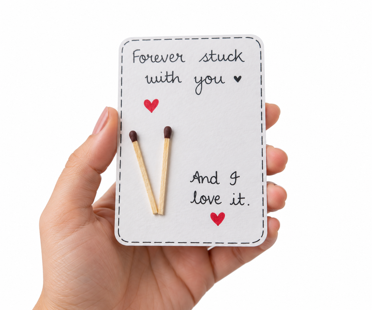Handmade romantic greeting card held in a hand against a white background, featuring “Forever Stuck With You” message and matchstick heart design.