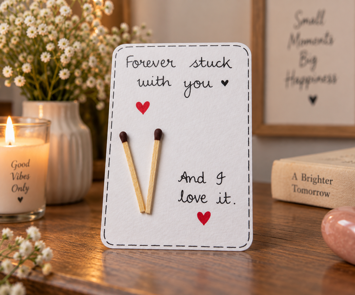 Handmade romantic greeting card displayed on a rustic wooden table in a cozy setting, featuring the “Forever Stuck With You” message and V-shaped matchstick design.