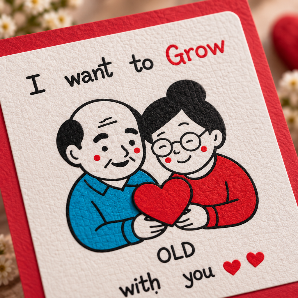 Close-up of handmade romantic greeting card with elderly couple holding a red heart and "I Want to Grow Old With You" message