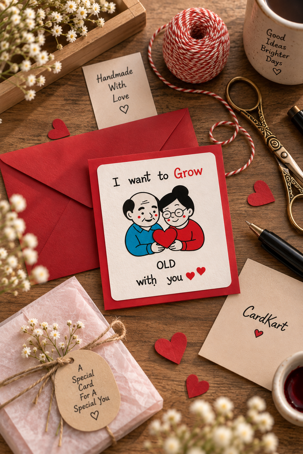 Handmade "I Want to Grow Old With You" romantic greeting card with red envelope and love-themed gift accessories