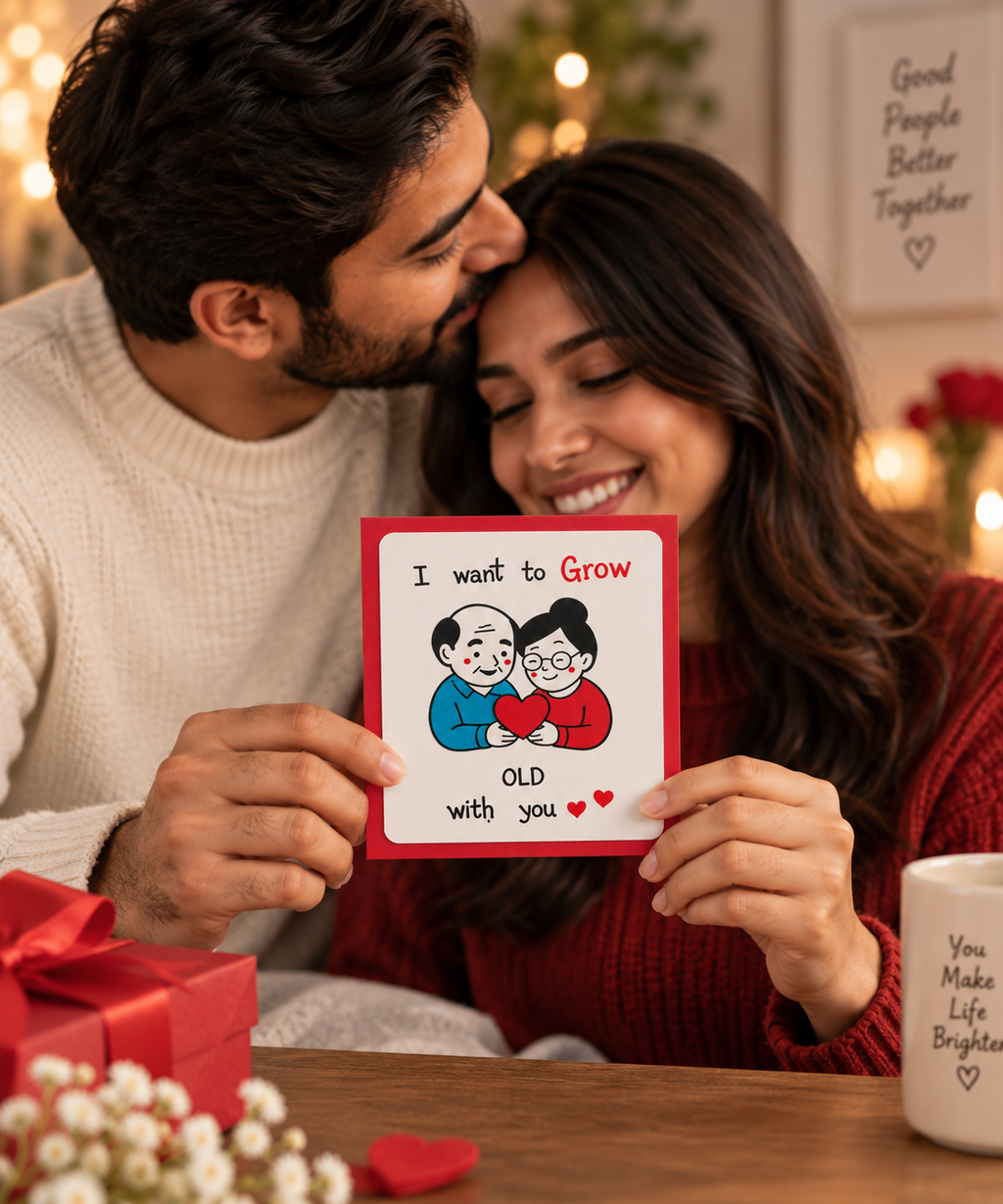 Romantic couple holding "I Want to Grow Old With You" handmade greeting card, perfect anniversary and love gift