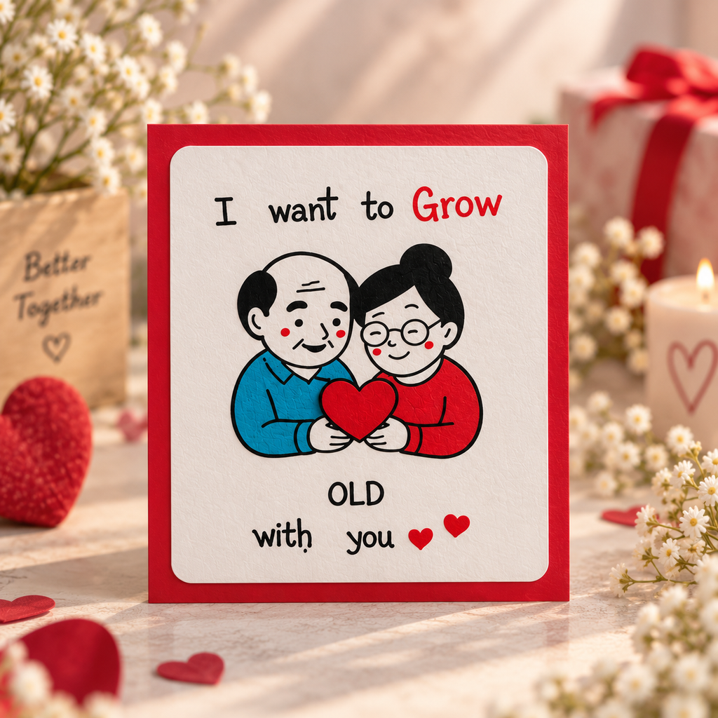 Handmade romantic greeting card featuring an elderly couple holding a red heart with "I Want to Grow Old With You" message, anniversary love gift