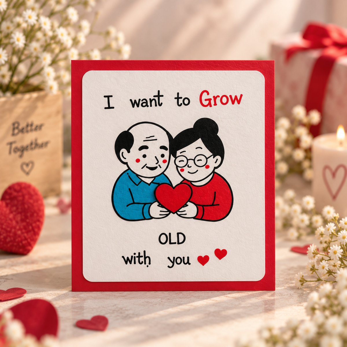 Handmade romantic greeting card featuring an elderly couple holding a red heart with "I Want to Grow Old With You" message, anniversary love gift