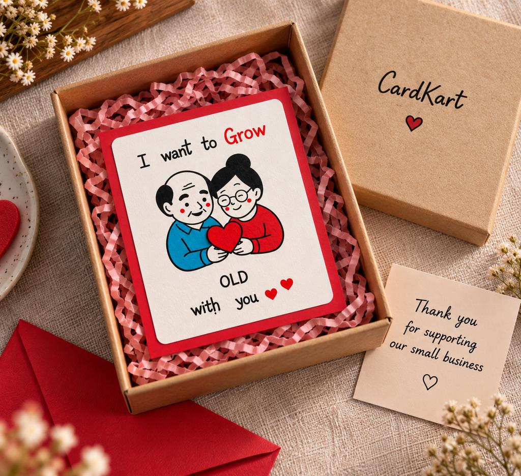 I Want to Grow Old With You handmade greeting card in gift box with pink shredded paper, envelope and CardKart packaging