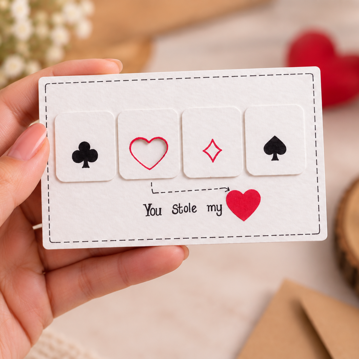 A hand holds a white rectangular card featuring four square tiles with black and red playing card symbols, with the text 'You stole my' and a red heart. The background is a softly blurred warm-toned tabletop with flowers, a red heart, and a cup.
