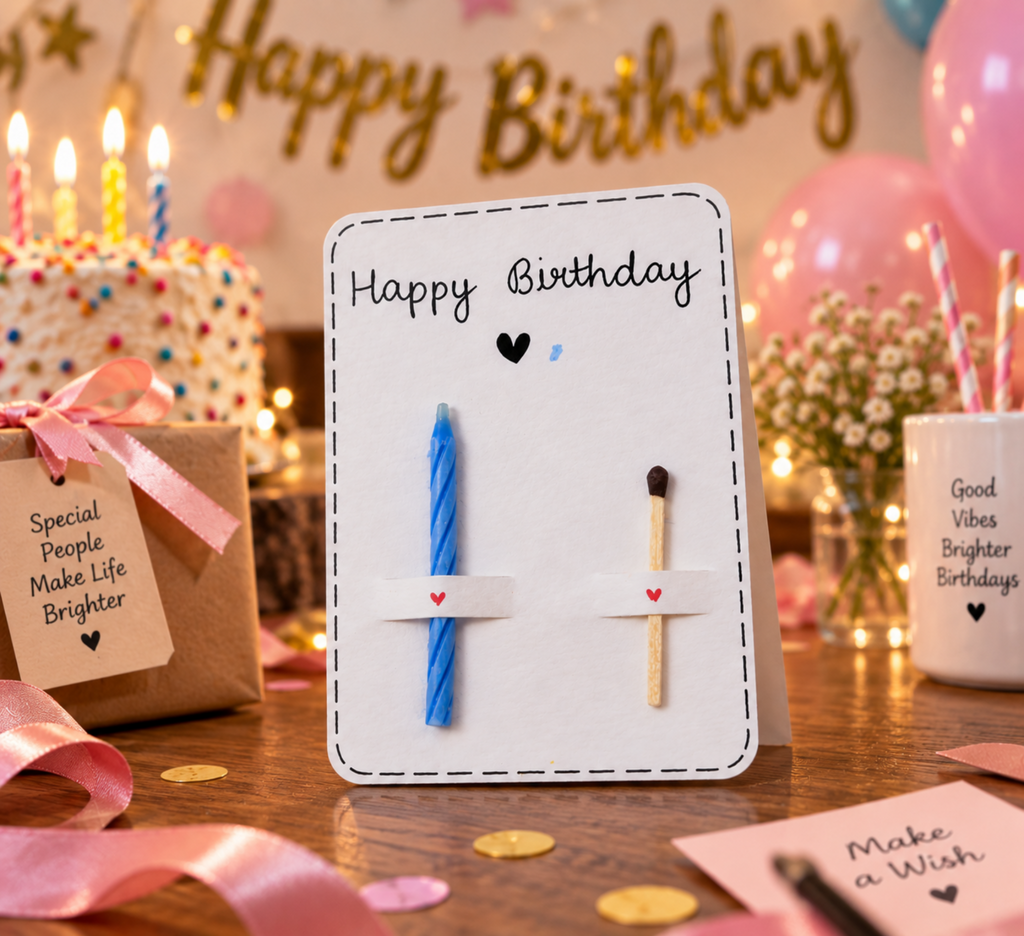 A square white birthday card with a dashed border stands on a wooden table, decorated with a blue candle and a match. The card reads 'Happy Birthday' with small hearts.