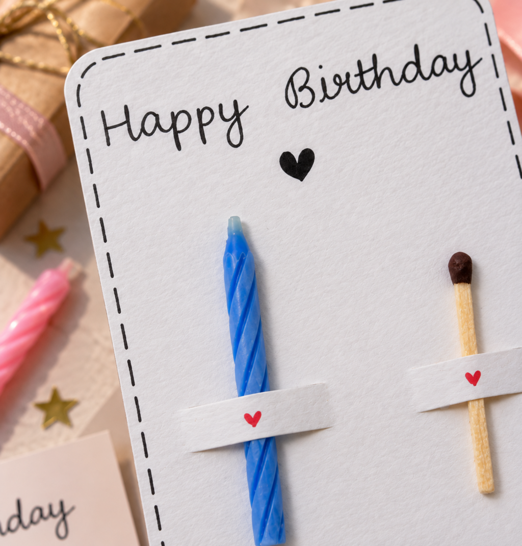 Close-up of a handmade Happy Birthday greeting card showing textured cardstock, blue candle, wooden matchstick, heart details, and stitched border.