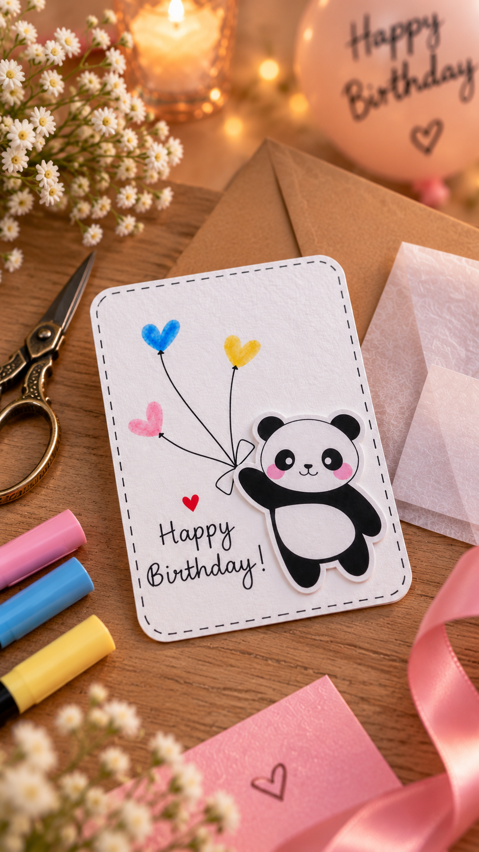 A handmade birthday card featuring a cute black-and-white panda holding blue, yellow, and pink heart-shaped balloons, with 'Happy Birthday!' written below. The card is styled on a wooden table with scissors, colored markers, baby's breath flowers, a pink envelope, and a pink ribbon.