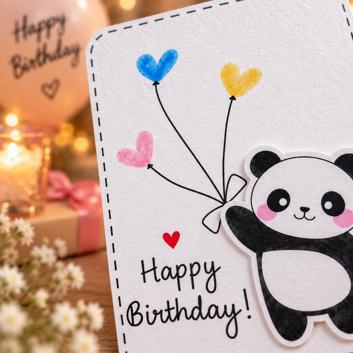 A close-up of a handmade birthday card with a cute cartoon panda holding colorful heart-shaped balloons and the words 'Happy Birthday!' written in black script. The card is styled on a wooden surface with warm bokeh lights, a candle, and a gift box in the background.