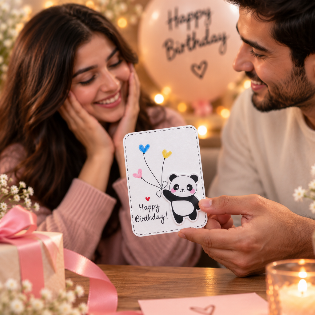 A couple shares a happy birthday moment at a table, with the man holding a cute birthday card featuring a cartoon panda holding balloons. The background is warmly lit with bokeh lights, a 'Happy Birthday' balloon, and a gift box with a pink ribbon.