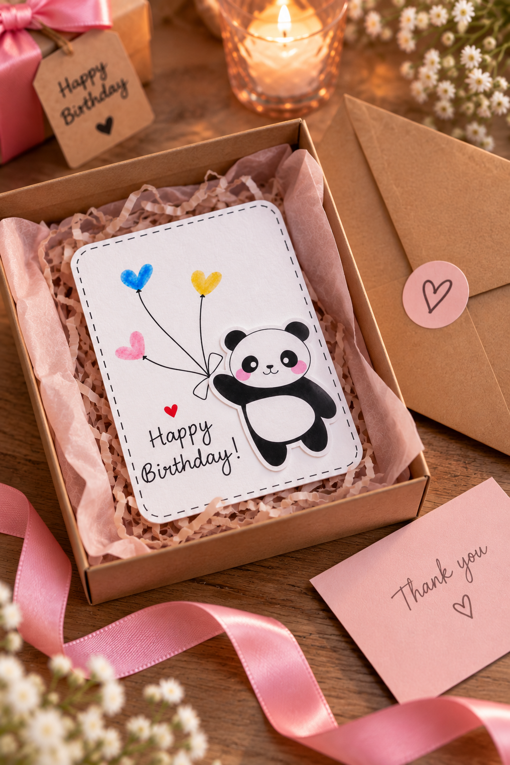 A square birthday card featuring a cute cartoon panda holding blue, yellow, and pink balloons, displayed inside a brown gift box with pink tissue paper. The box is set on a wooden table with a pink ribbon, a pink thank-you note, and a lit candle in the background.
