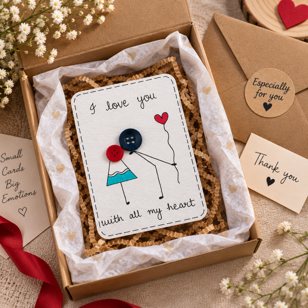 A handmade greeting card with a cute stick figure illustration and the text 'I love you with all my heart' displayed inside a brown gift box with shredded paper and tissue paper. The box is surrounded by matching kraft envelopes, a 'Thank you' card, and dried white flowers on a beige fabric background.