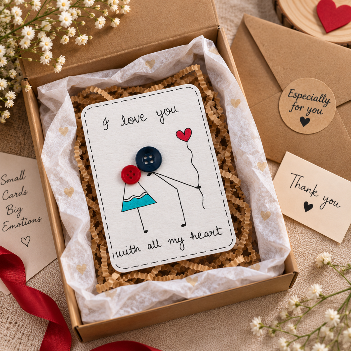 A handmade greeting card with a cute stick figure illustration and the text 'I love you with all my heart' displayed inside a brown gift box with shredded paper and tissue paper. The box is surrounded by matching kraft envelopes, a 'Thank you' card, and dried white flowers on a beige fabric background.