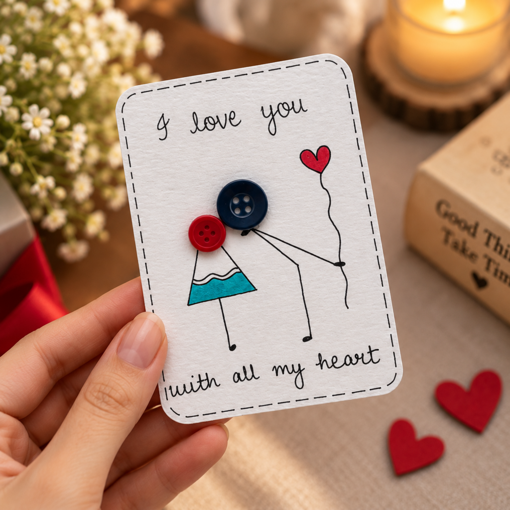A handmade white greeting card with a hand-drawn stick figure and two buttons representing a person, held by a hand. The card has the text 'I love you' at the top and 'with all my heart' at the bottom.