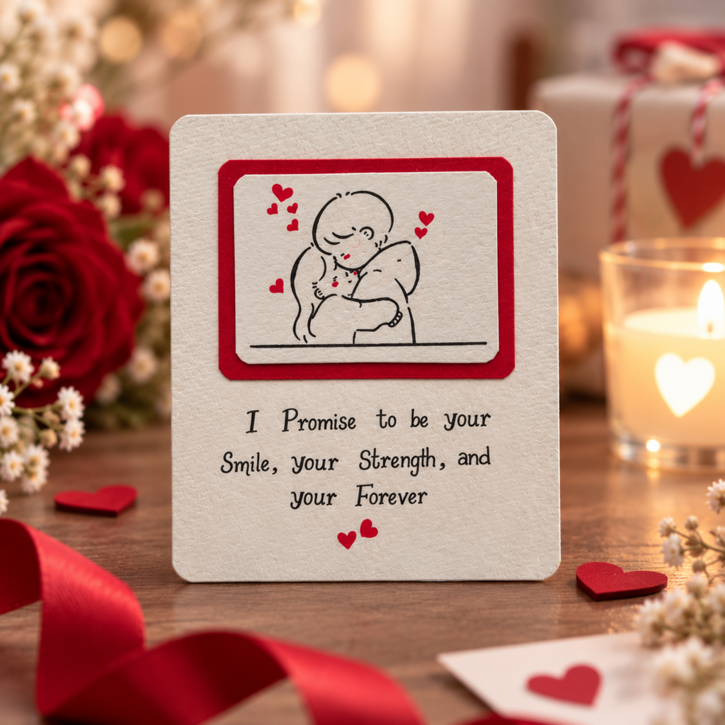 A square cream-colored greeting card with a red border and a simple line drawing of two hugging figures, placed on a wooden table with red roses, a lit candle, and heart-shaped decorations in the background.