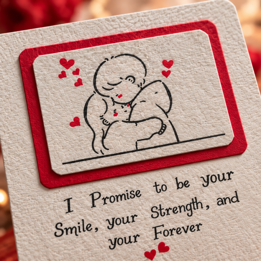 A close-up of a handmade greeting card featuring a textured cream paper background. The top section has a red-bordered square insert with a simple black line drawing of a couple embracing, surrounded by small red hearts.