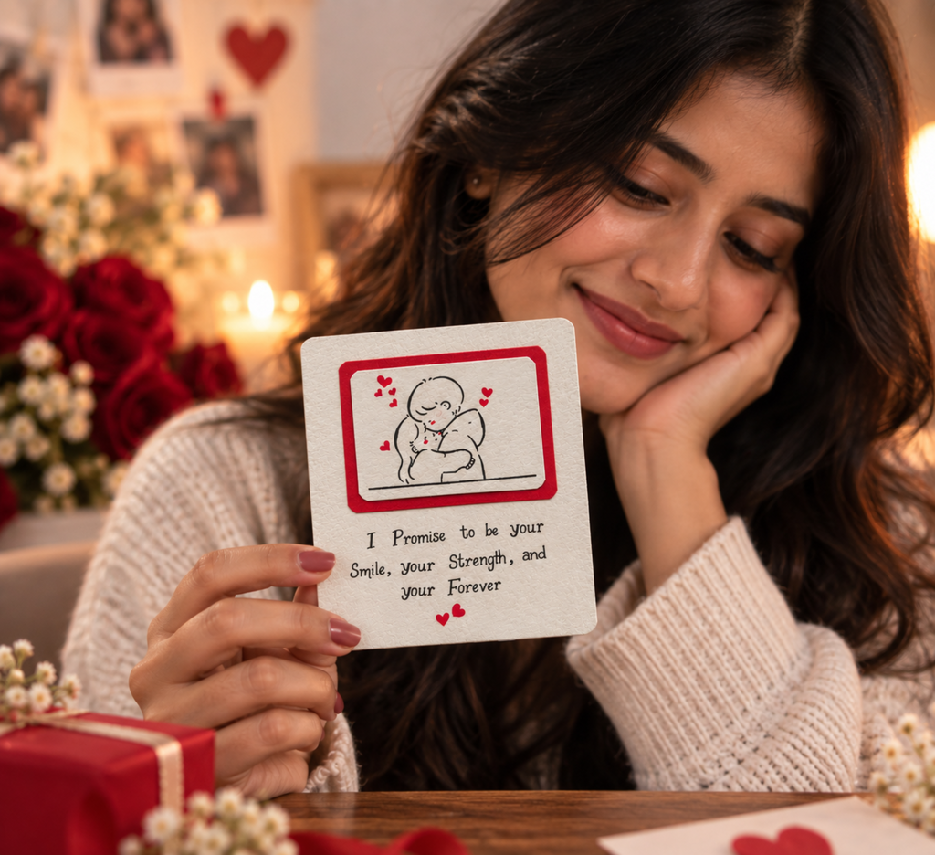 A woman in a cozy indoor setting holds up a square white card with a red border and a simple line drawing of a baby, with the text 'I Promise to be your Sophia, your Strength, and your Forever.'.