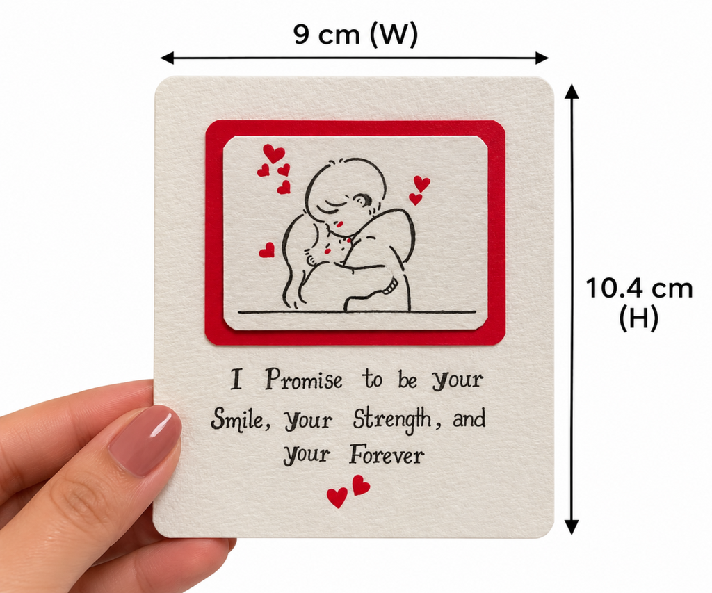 A hand holds a square cream-colored card with a red border and a simple line drawing of two embracing figures with small red hearts. The card includes the text, 'I Promise to be Your Smile, Your Strength, and Your Forever.