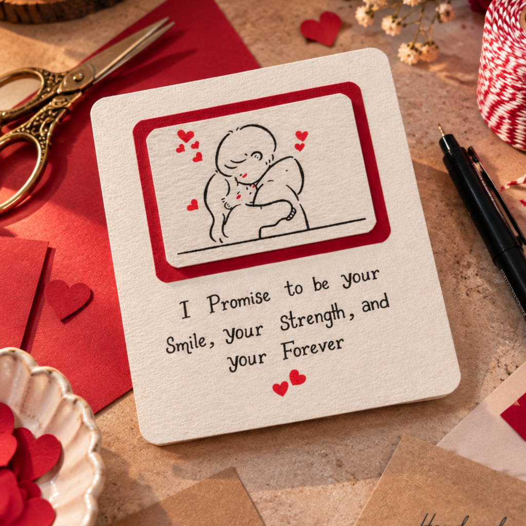 A square cream-colored handmade greeting card with a red border and a simple drawing of a baby hugging a heart, placed on a styled tabletop with red envelopes, scissors, flowers, and other gift props.