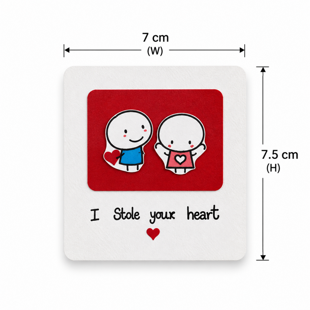 Square white card or coaster with a red central panel showing two cartoon figures holding hearts, plus the text 'I Stole your heart' and a small red heart. Black dimension arrows around the item indicate 7 cm width and 7.