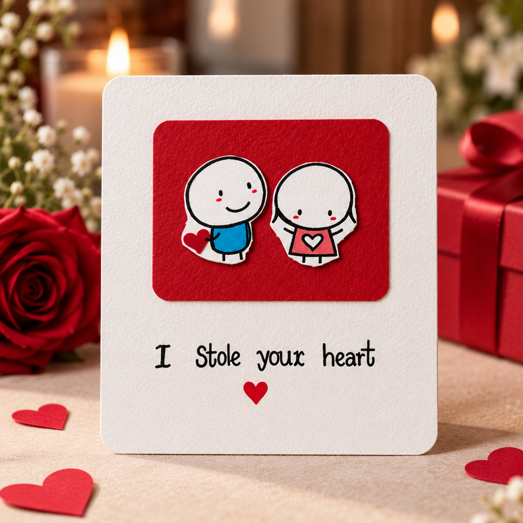 A square white greeting card with a red rectangular insert showing two cartoon figures holding hearts, with the text 'I Stole your heart' and a small red heart below. The card is photographed on a table with red rose petals, a red rose, and gift boxes in a softly blurred setting.