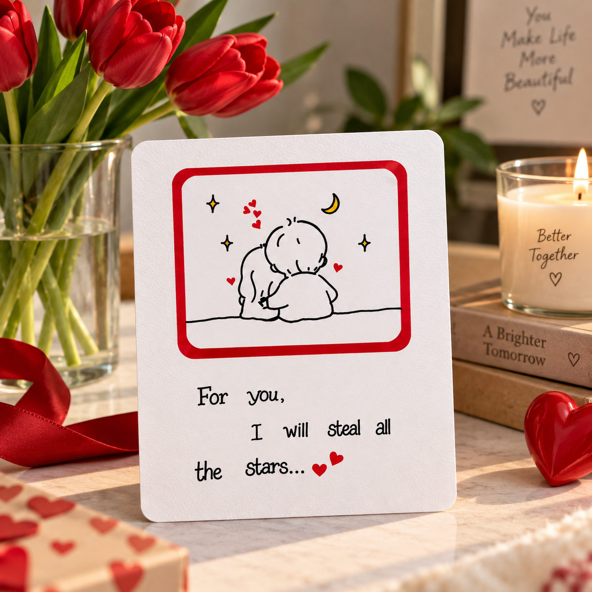 A square white greeting card with a red border and a simple line drawing of two embracing figures, surrounded by red hearts and stars. Below the illustration, the card reads, 'For you, I will steal all the stars.