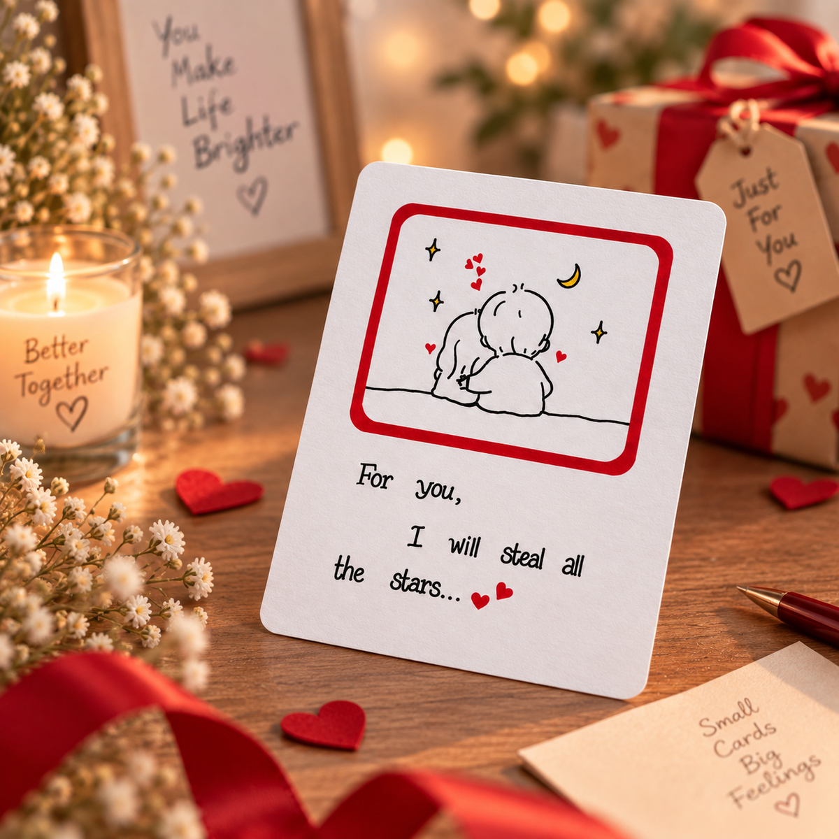 Handmade romantic greeting card with cute couple illustration, red heart border and “For You, I Will Steal All the Stars” message on a warm Valentine-themed background.