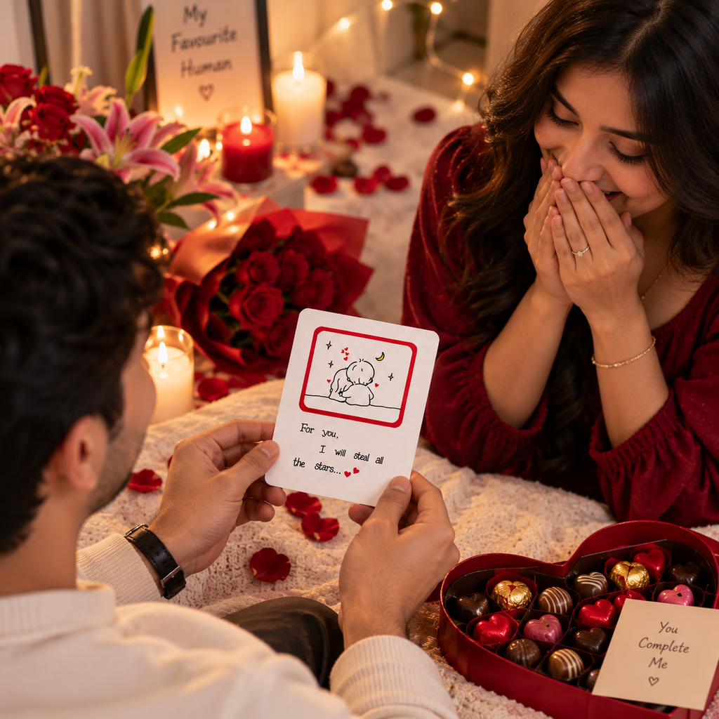 A romantic Valentine's Day scene with a man holding a cute cartoon card that says 'For you.