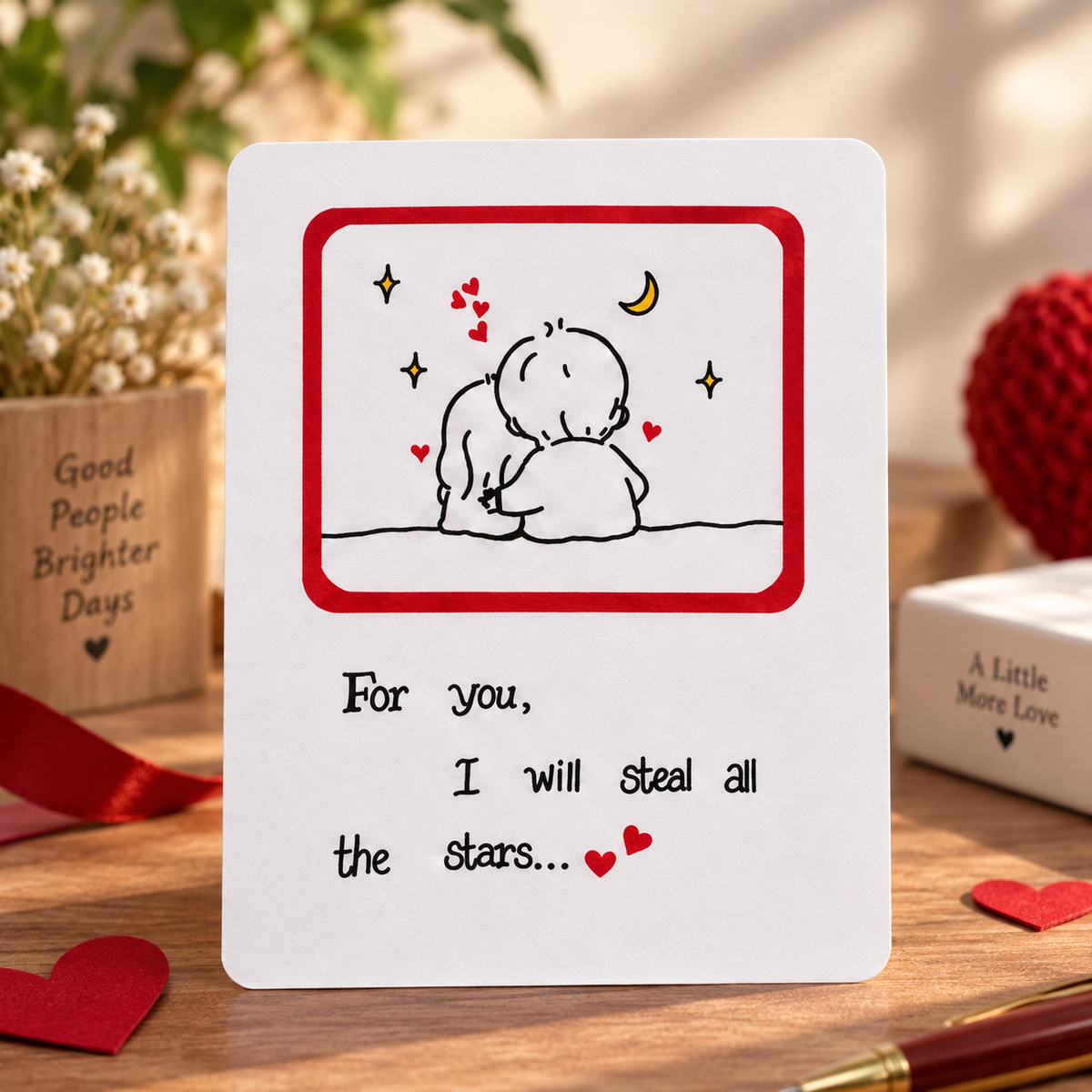 A square white greeting card with a red border and a simple line drawing of two embracing figures under a crescent moon, with the text 'For you, I will steal all the stars.