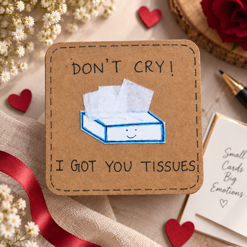 A square brown kraft card with a stitched border and a tissue box illustration, reading “DON’T CRY! I GOT YOU TISSUES!” It is styled on a beige fabric surface with red hearts, white flowers, a red ribbon, and a small note card.