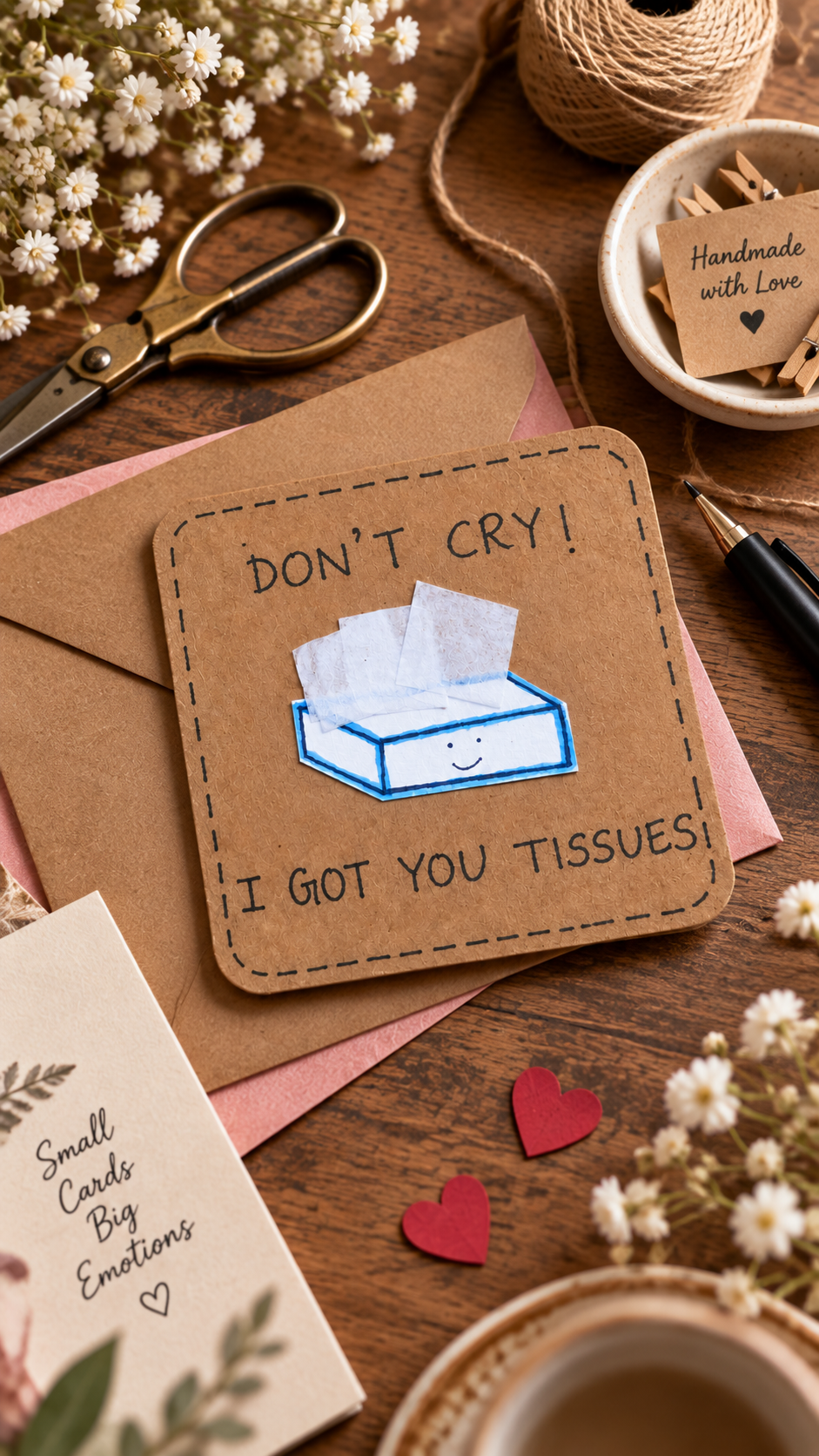 A handmade brown kraft greeting card with a tissue box illustration and the text 'DON'T CRY! I GOT YOU TISSUES!' displayed on a wooden table with scissors, flowers, twine, and other craft props.