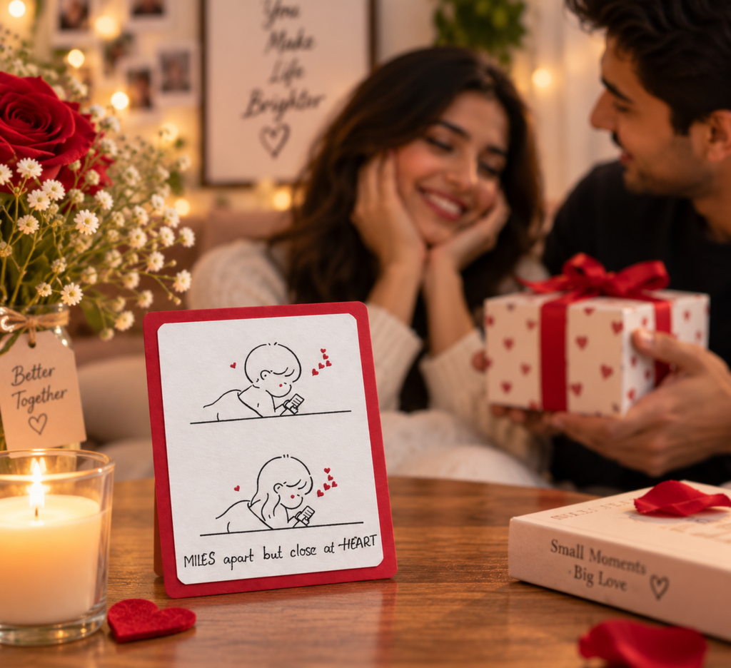 A couple shares a tender moment on a wooden table, with the woman holding a gift box wrapped in white paper with red hearts and a red ribbon. In the foreground, a red-bordered card with a simple line drawing and the text 'MISSES apart but close at HEART' sits next to a lit candle and a book.