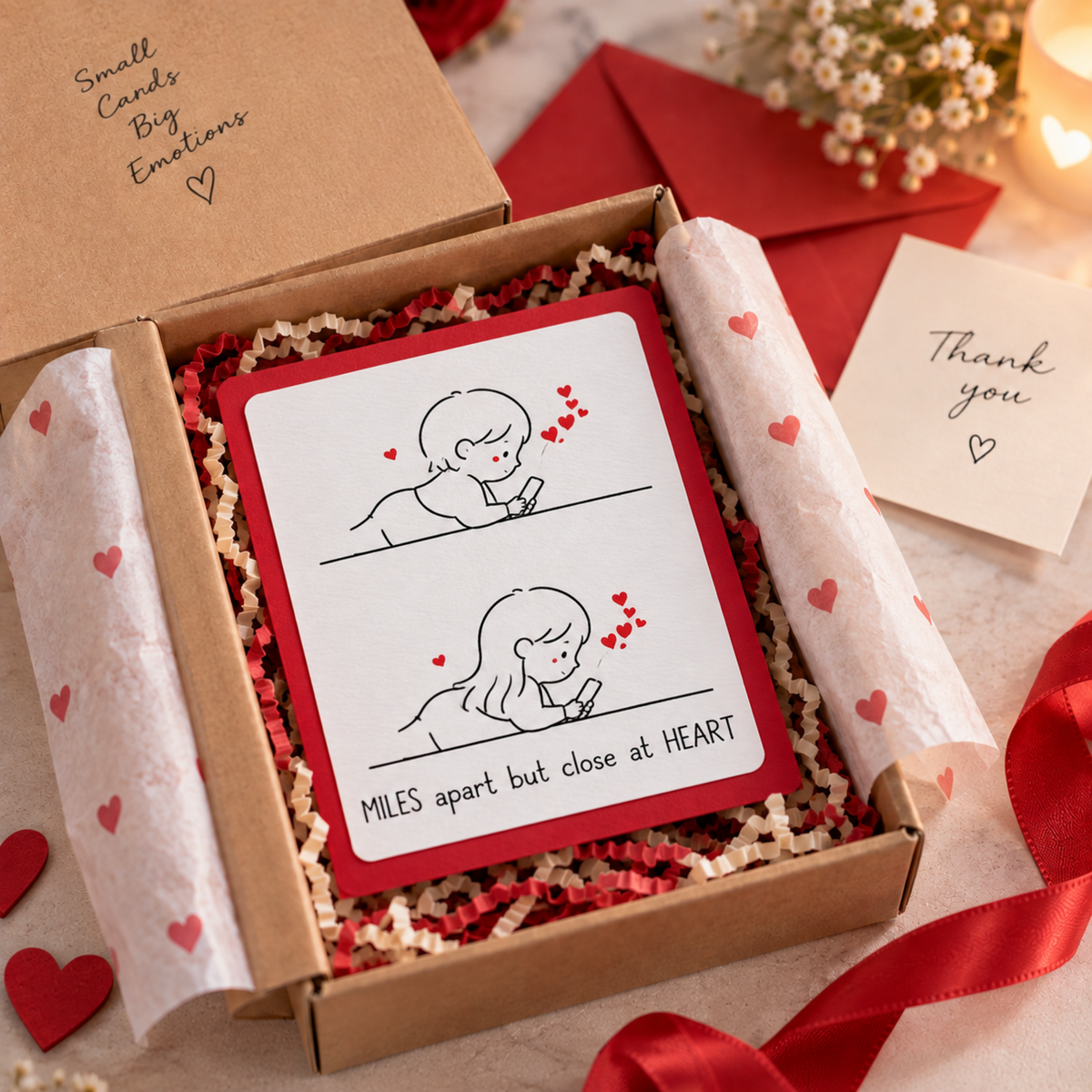 A square greeting card with a red border and a simple line drawing of a girl looking down at small red hearts, placed inside a kraft gift box with tissue paper and red filler. A handwritten thank-you card and red ribbon are visible around it.